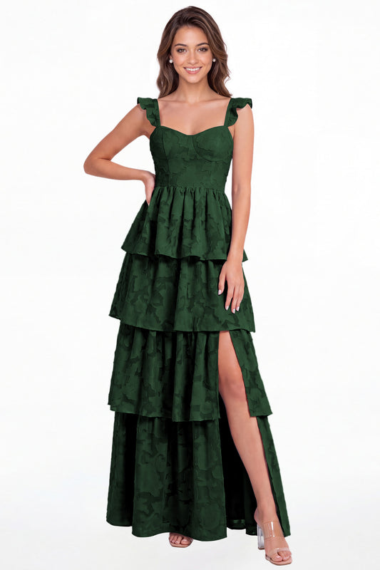 Emerald Green Floral Burnout Tiered Ruffle Slit A-Line Maxi Gown - Front View