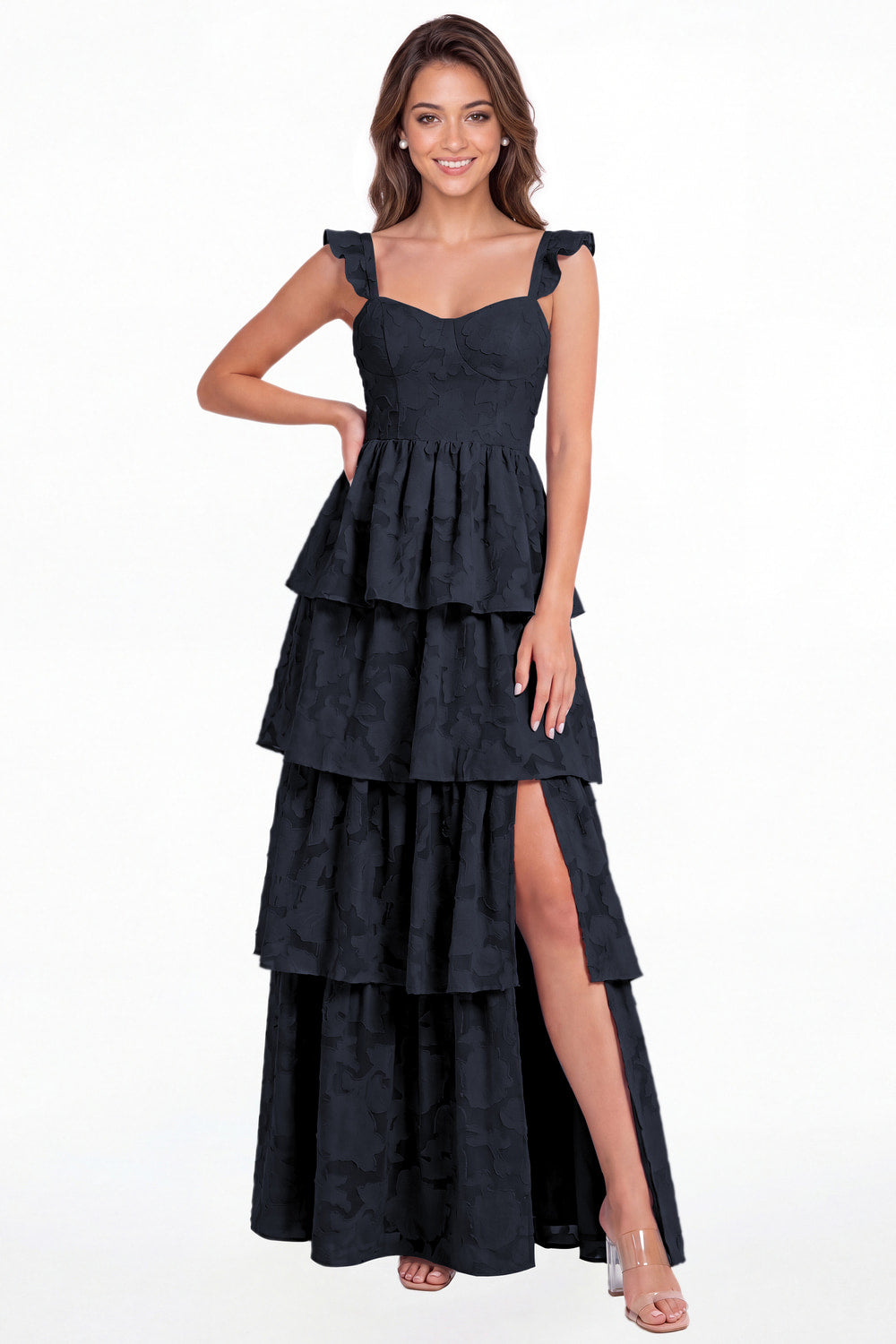 Navy Blue Floral Burnout Tiered Ruffle Slit A-Line Maxi Gown - Front View