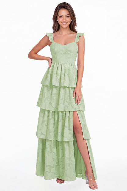 Sage Green Floral Burnout Tiered Ruffle Slit A-Line Maxi Gown - Front View