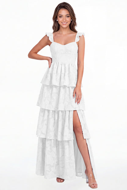 White Floral Burnout Tiered Ruffle Slit A-Line Maxi Gown - Front View