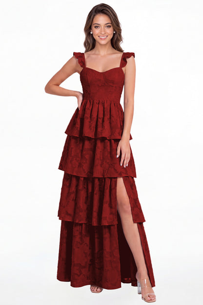 Wine Red Floral Burnout Tiered Ruffle Slit A-Line Maxi Gown - Front View