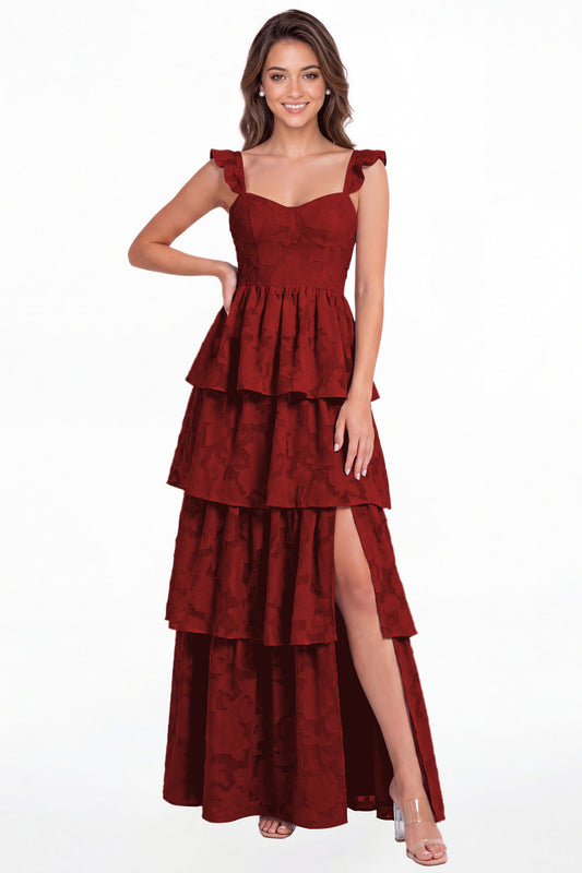 Wine Red Floral Burnout Tiered Ruffle Slit A-Line Maxi Gown - Front View