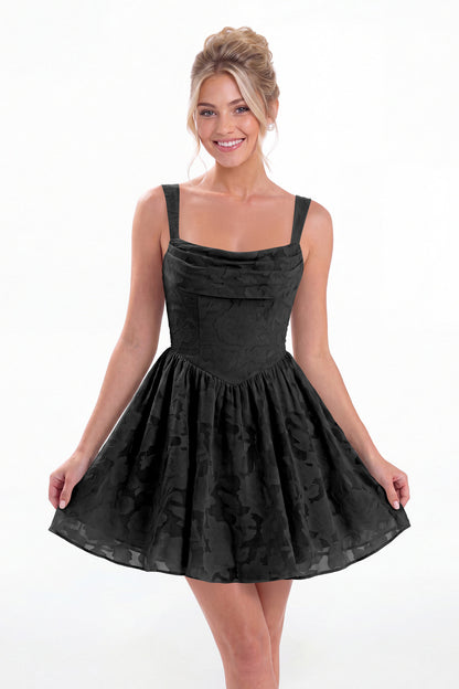 Black Square Neck Jacquard Mini Homecoming Dress - Front View