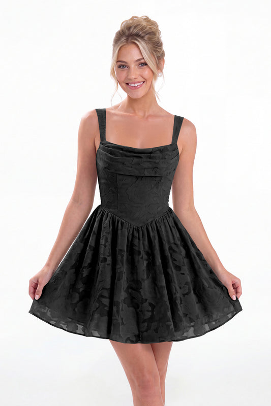 Black Square Neck Jacquard Mini Homecoming Dress - Front View