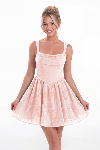 Blush Pink Square Neck Jacquard Mini Homecoming Dress - Front View