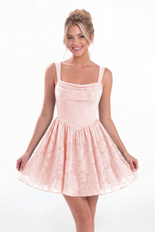 Blush Pink Square Neck Jacquard Mini Homecoming Dress - Front View