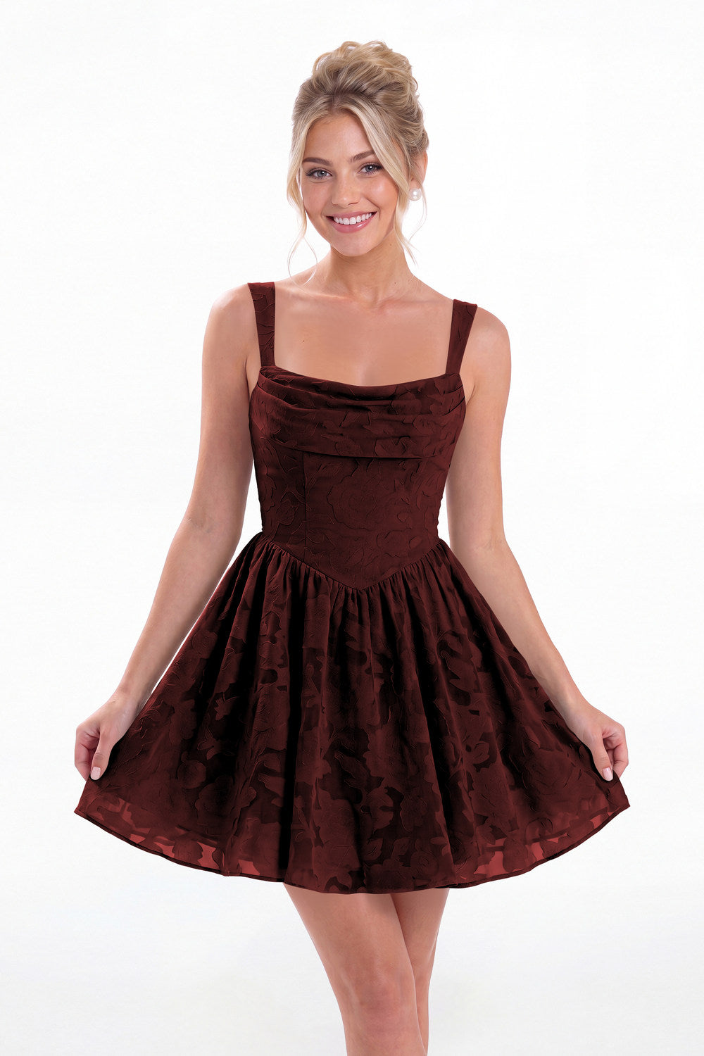 Burgundy Square Neck Jacquard Mini Homecoming Dress - Front View