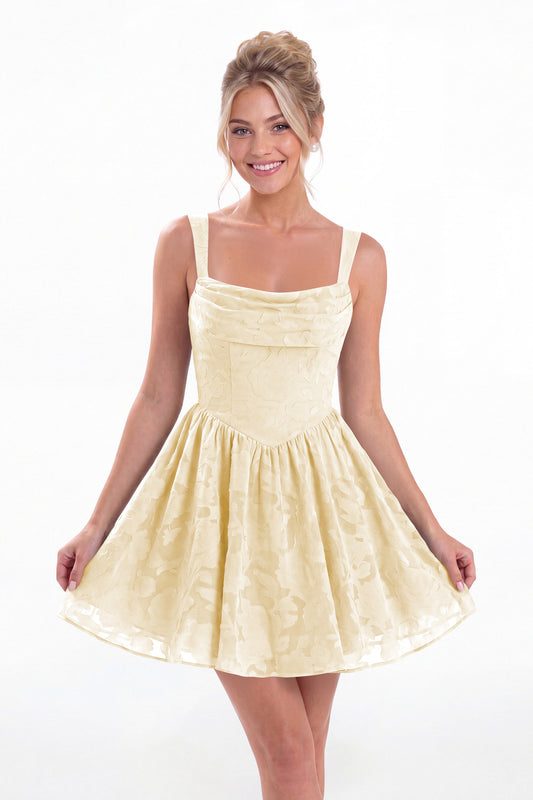 Champagne Square Neck Jacquard Mini Homecoming Dress - Front View