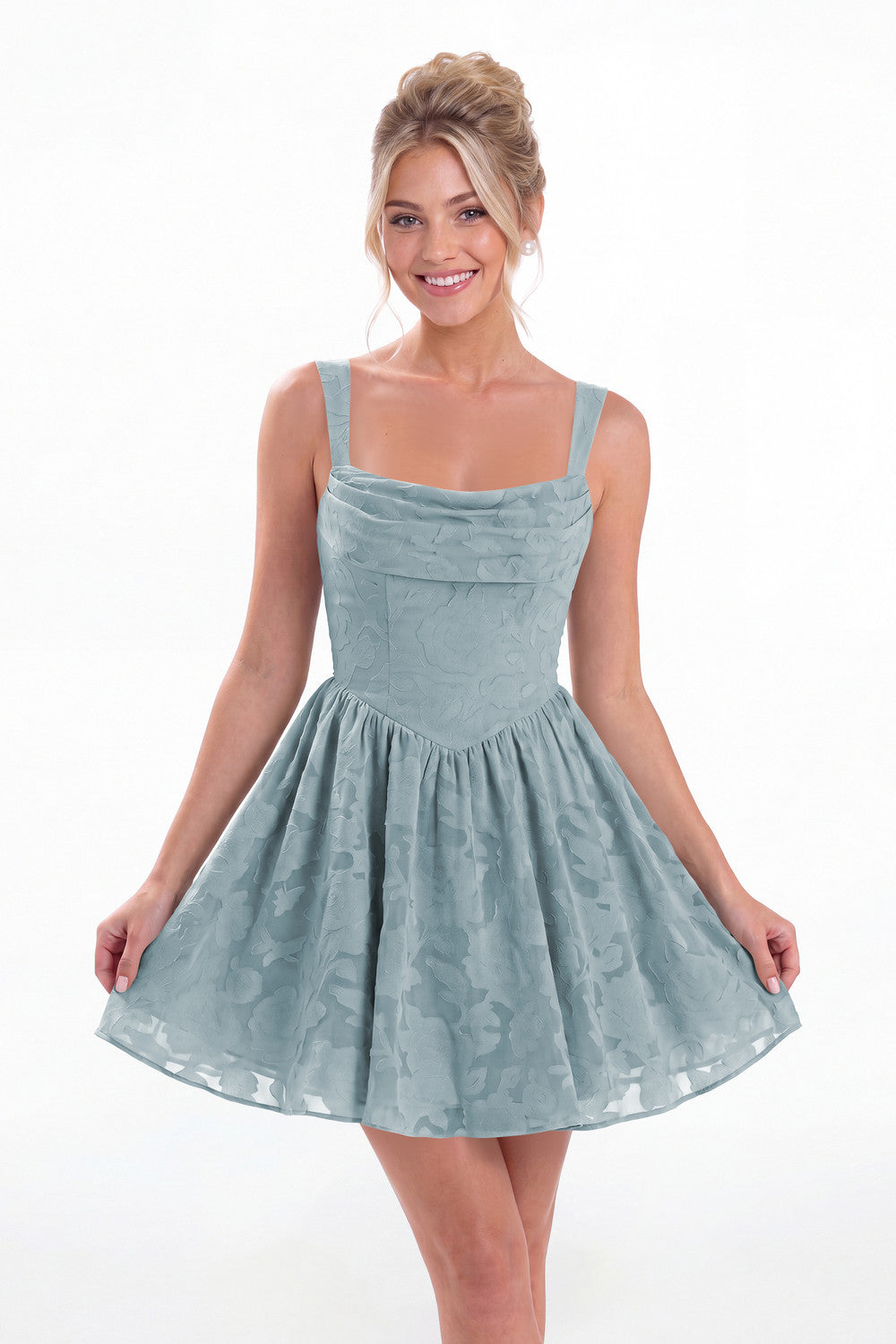 Dusty Blue Square Neck Jacquard Mini Homecoming Dress - Front View