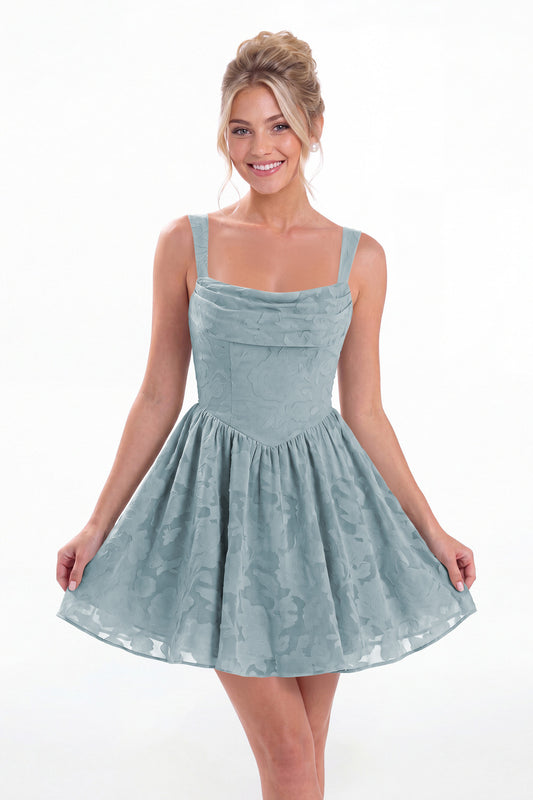 Dusty Blue Square Neck Jacquard Mini Homecoming Dress - Front View