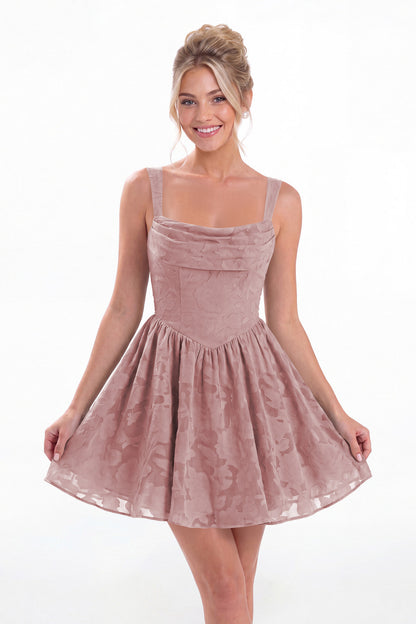 Dusty Rose Square Neck Jacquard Mini Homecoming Dress - Front View