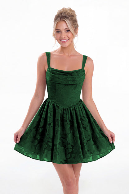 Emerald Green Square Neck Jacquard Mini Homecoming Dress - Front View