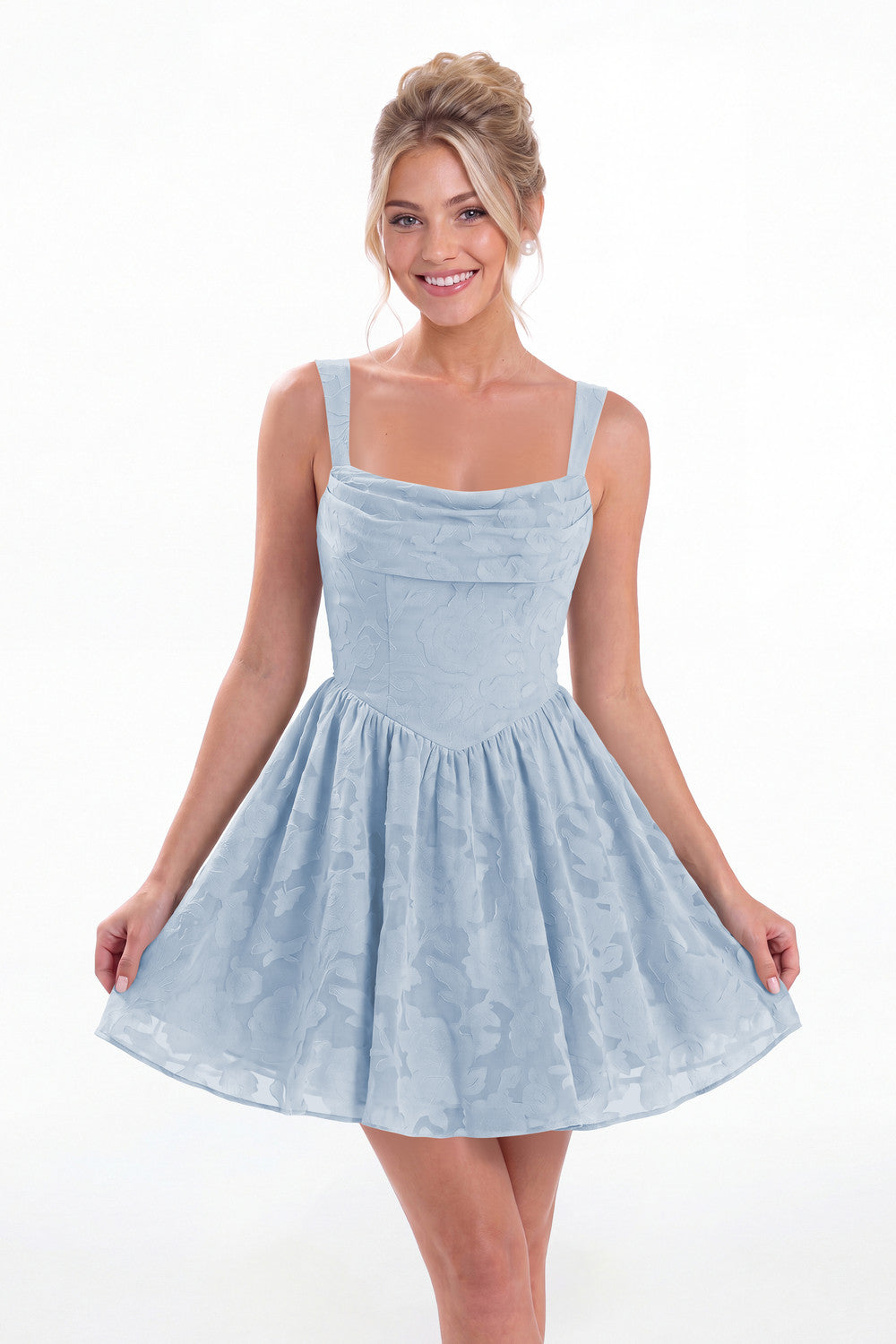 Light Blue Square Neck Jacquard Mini Homecoming Dress - Front View