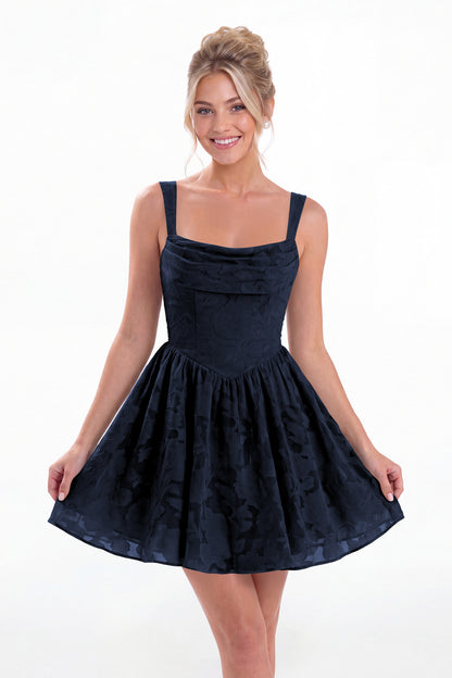 Navy Blue Square Neck Jacquard Mini Homecoming Dress - Front View