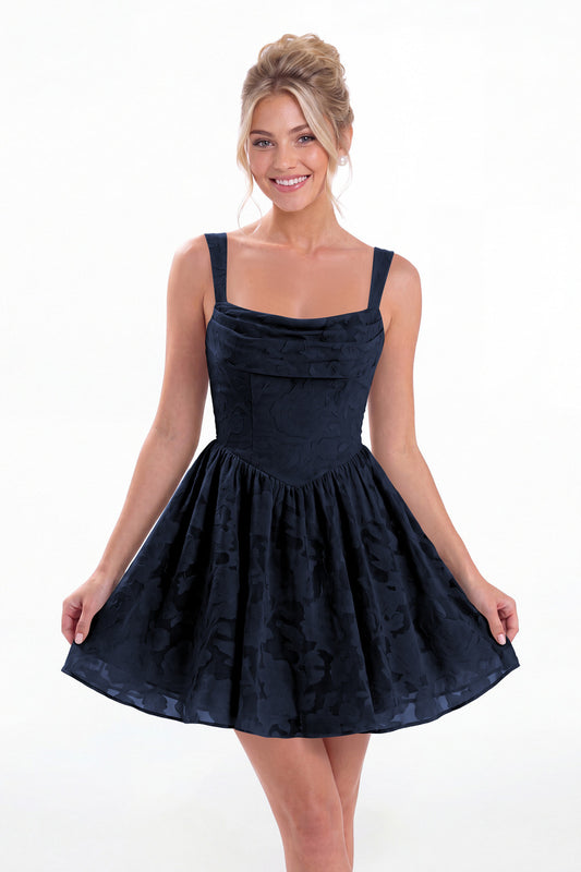 Navy Blue Square Neck Jacquard Mini Homecoming Dress - Front View