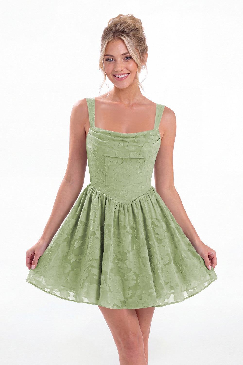 Sage Green Square Neck Jacquard Mini Homecoming Dress - Front View