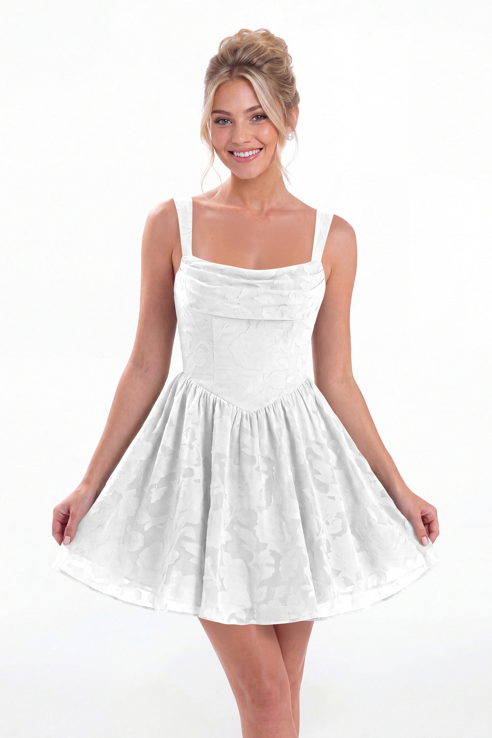 White Square Neck Jacquard Mini Homecoming Dress - Front View