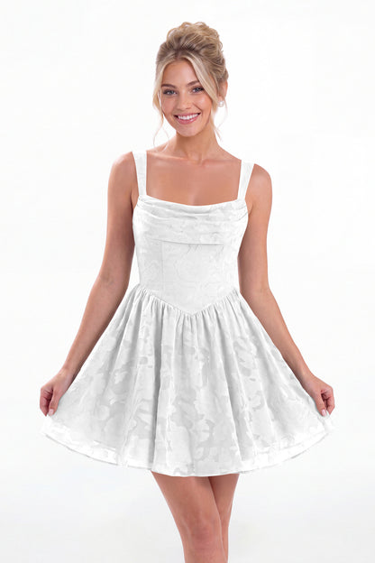 White Square Neck Jacquard Mini Homecoming Dress - Front View