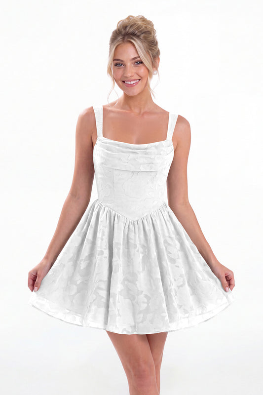White Square Neck Jacquard Mini Homecoming Dress - Front View
