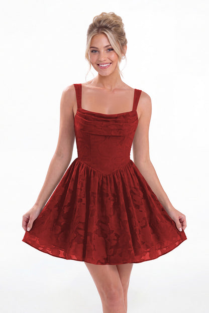 Wine Red Square Neck Jacquard Mini Homecoming Dress - Front View