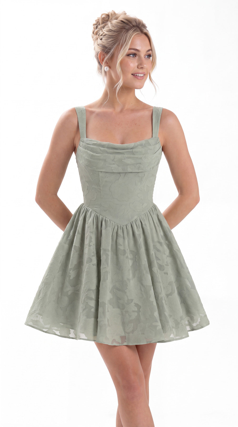 Square Neck Jacquard Mini Homecoming Dress - Detail View 5