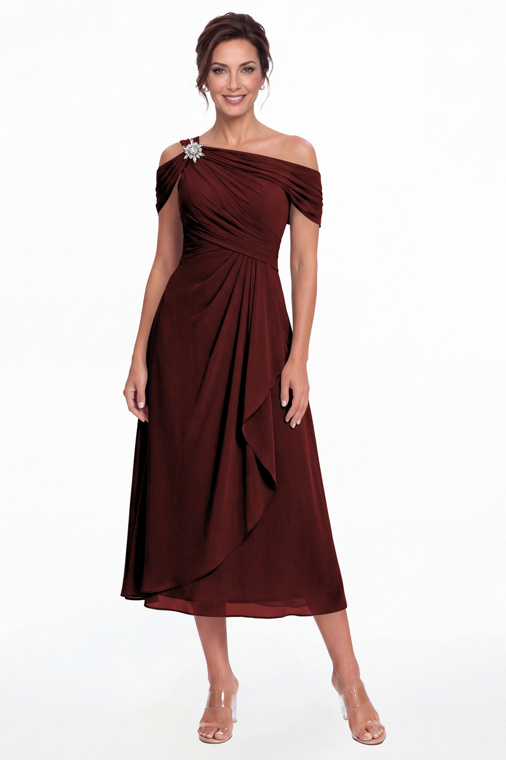 Burgundy Off Shoulder Draped Chiffon Ankle-Length Dress - Front View