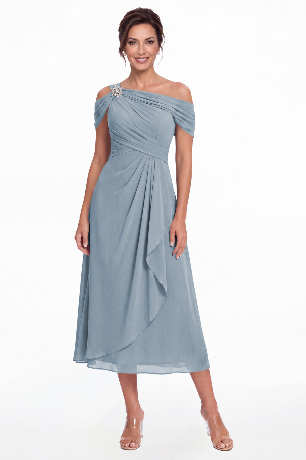 Dusty Blue Off Shoulder Draped Chiffon Ankle-Length Dress - Front View