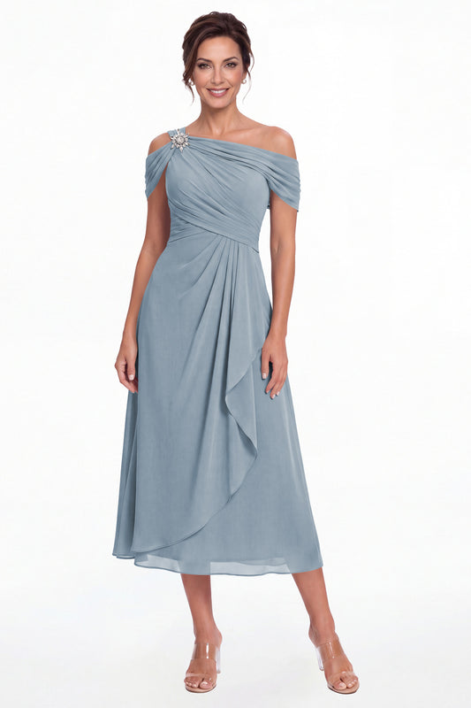 Dusty Blue Off Shoulder Draped Chiffon Ankle-Length Dress - Front View