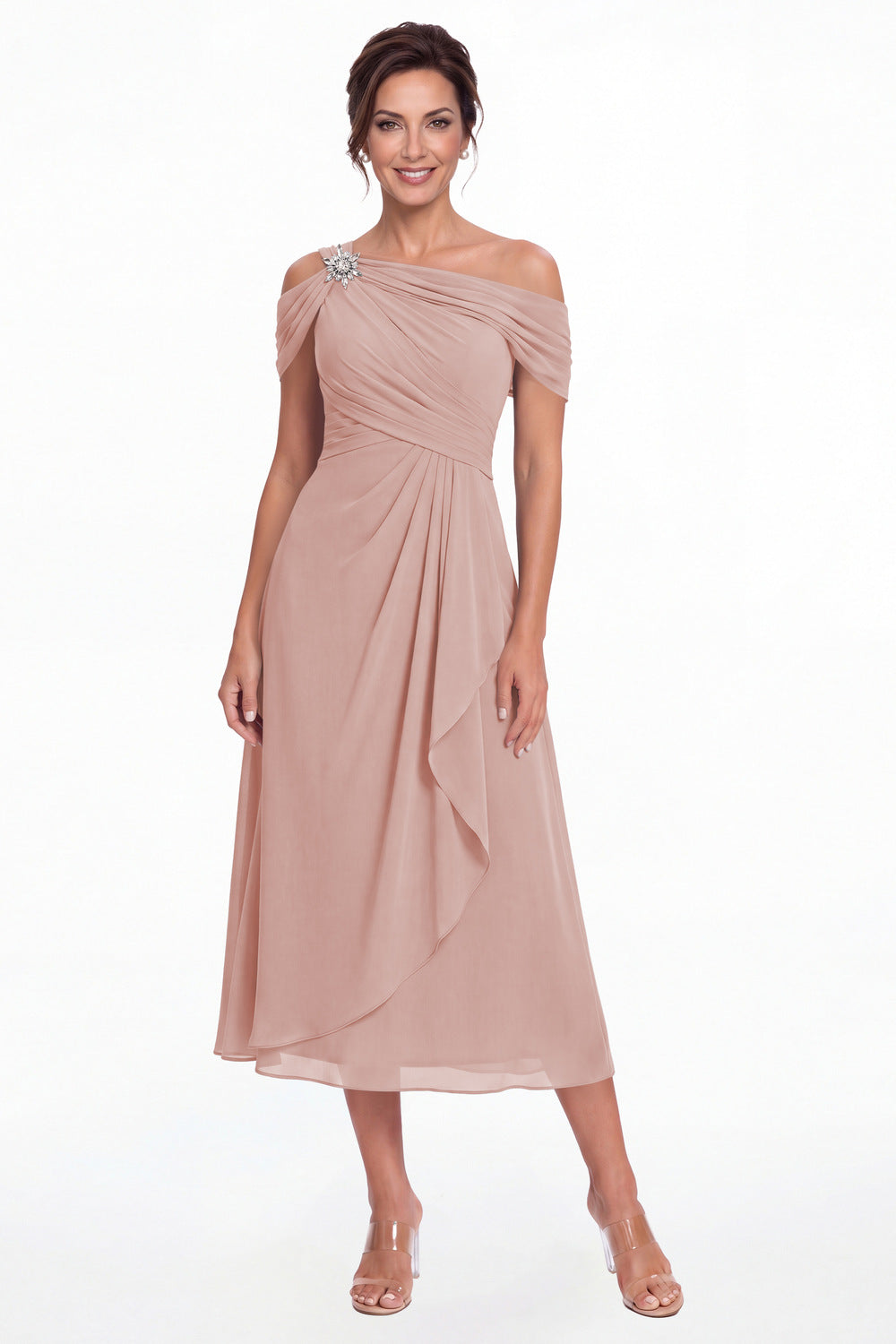 Dusty Rose Off Shoulder Draped Chiffon Ankle-Length Dress - Front View