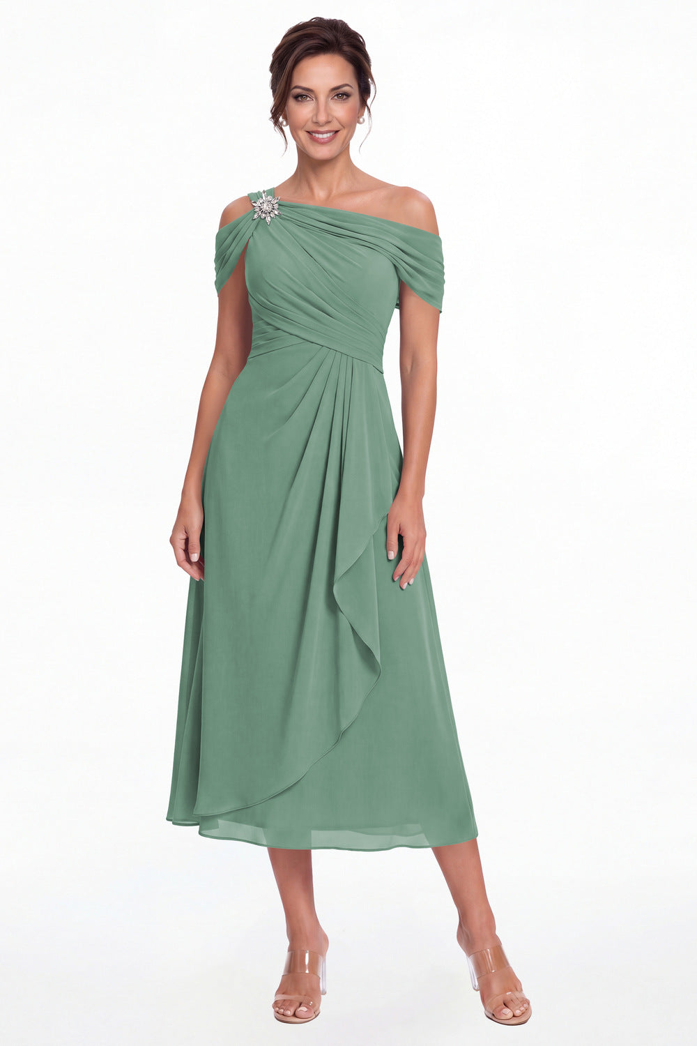 Eucalyptus Off Shoulder Draped Chiffon Ankle-Length Dress - Front View