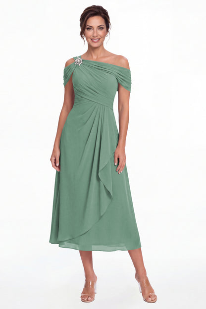 Eucalyptus Off Shoulder Draped Chiffon Ankle-Length Dress - Front View