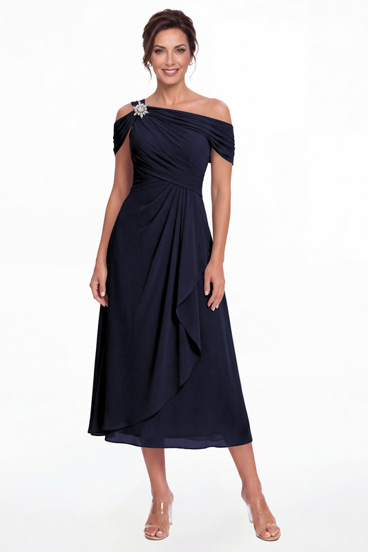 Navy Blue Off Shoulder Draped Chiffon Ankle-Length Dress - Front View