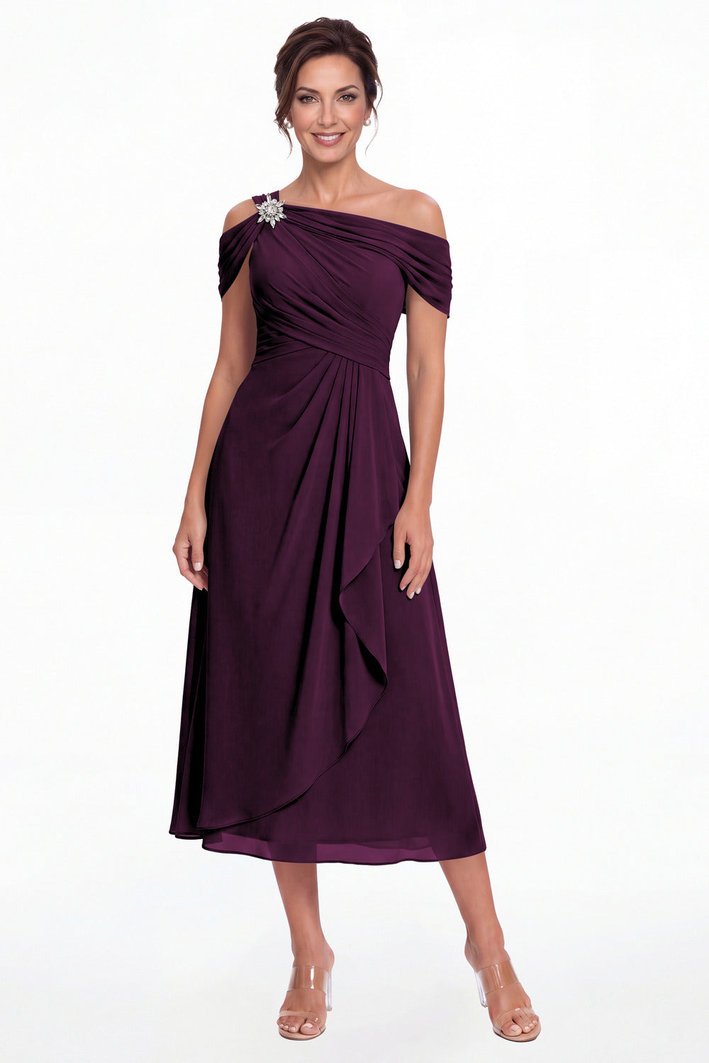 Plum Off Shoulder Draped Chiffon Ankle-Length Dress - Front View