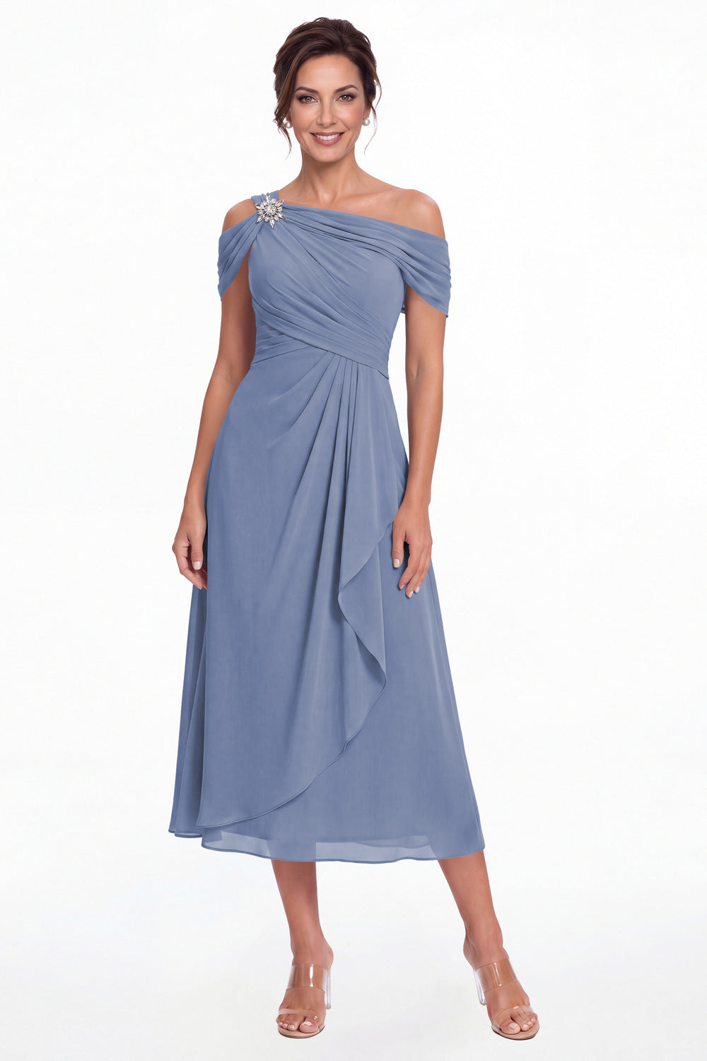 Steel Blue Off Shoulder Draped Chiffon Ankle-Length Dress - Front View