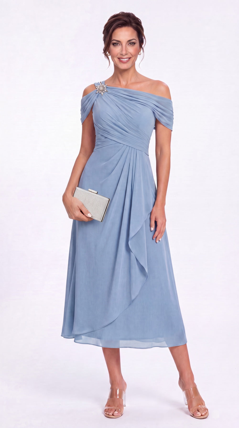 One Shoulder Draped Chiffon Midi Dress - Detail View 3