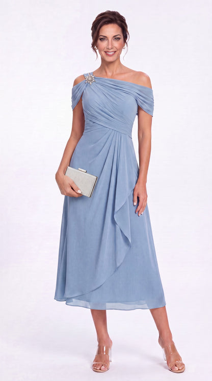 One Shoulder Draped Chiffon Midi Dress - Detail View 3