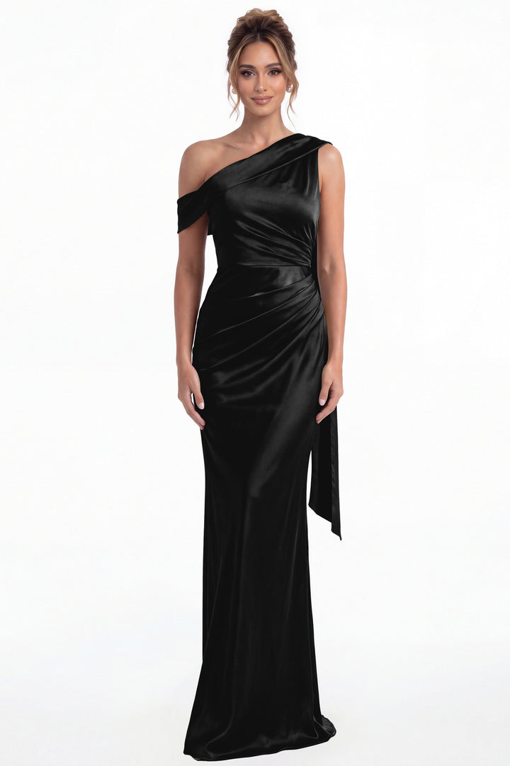 Black One Shoulder Draped Ruched Satin Maxi Gown - Front View
