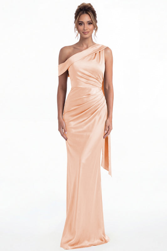 Blush Pink One Shoulder Draped Ruched Satin Maxi Gown - Front View
