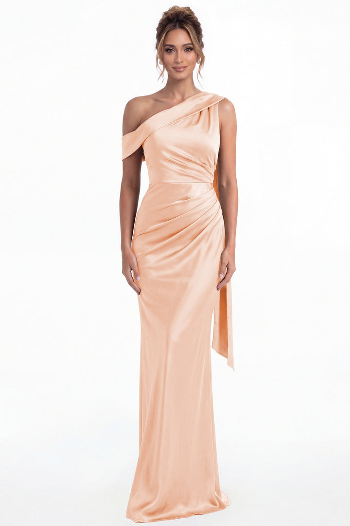 Blush Pink One Shoulder Draped Ruched Satin Maxi Gown - Front View