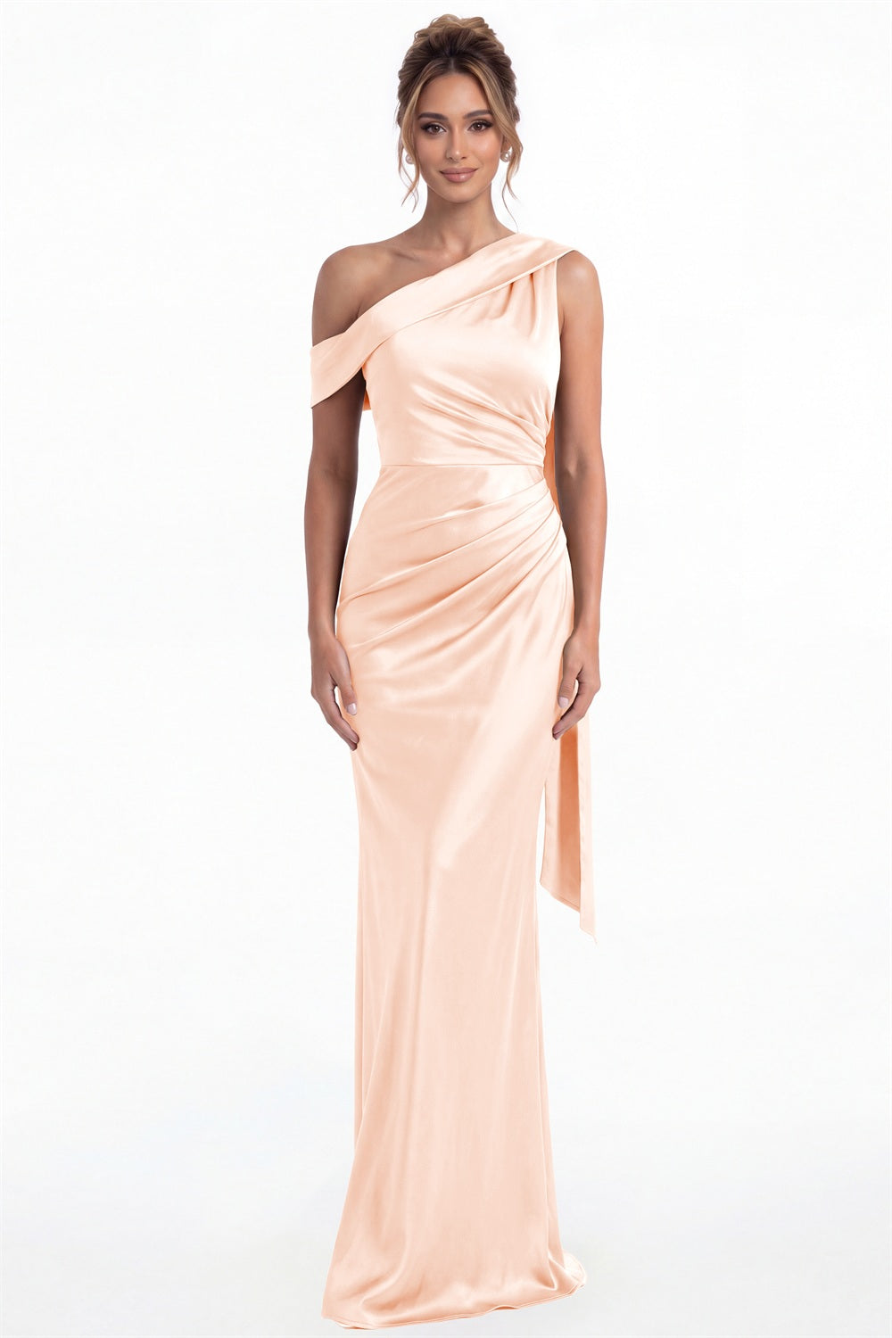 Blush Pink One Shoulder Draped Ruched Satin Maxi Gown - Front View
