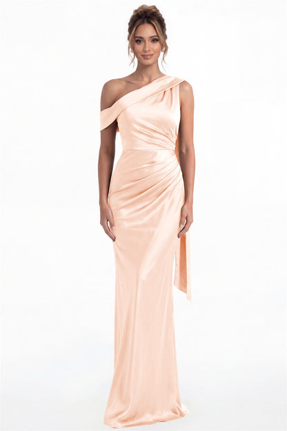 Blush Pink One Shoulder Draped Ruched Satin Maxi Gown - Front View
