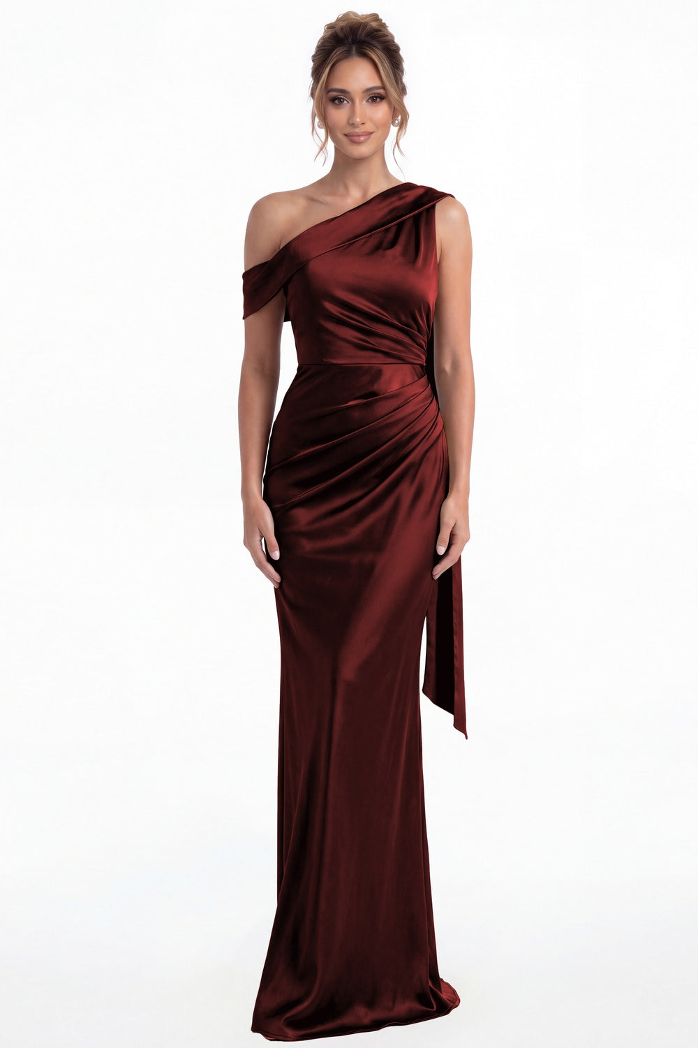 Burgundy One Shoulder Draped Ruched Satin Maxi Gown - Front View