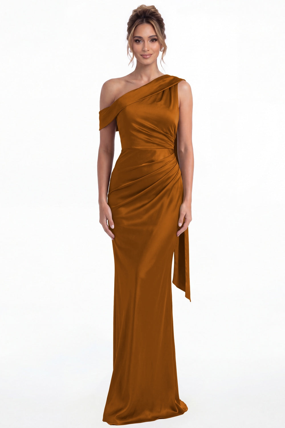 Burnt Orange One Shoulder Draped Ruched Satin Maxi Gown - Front View