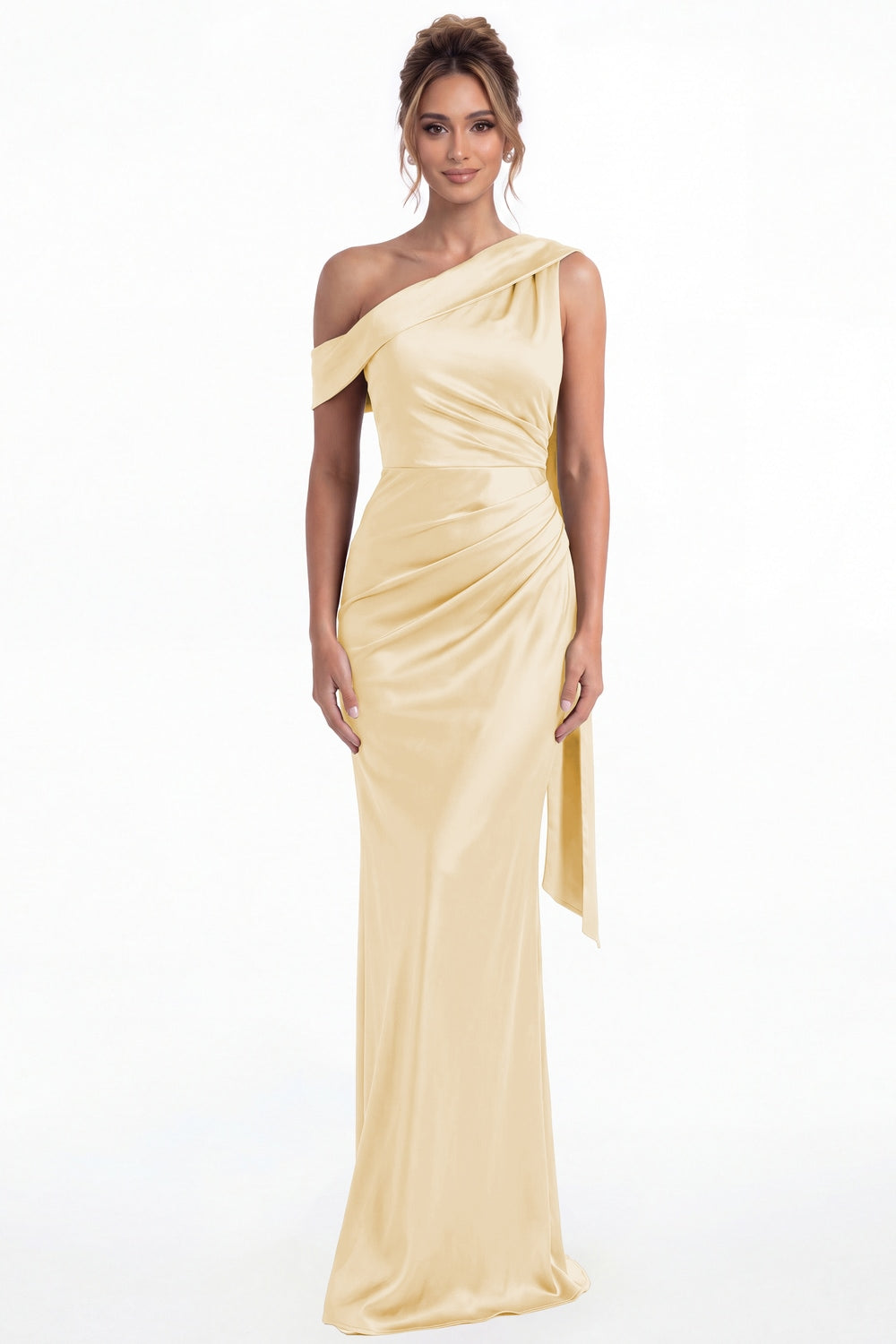 Champagne One Shoulder Draped Ruched Satin Maxi Gown - Front View
