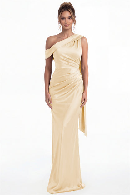 Champagne One Shoulder Draped Ruched Satin Maxi Gown - Front View