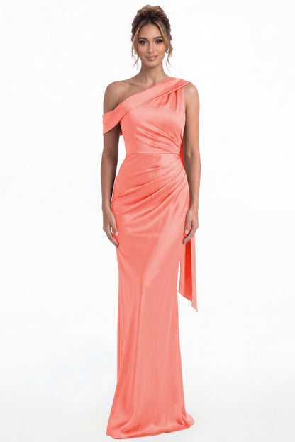 Coral One Shoulder Draped Ruched Satin Maxi Gown - Front View