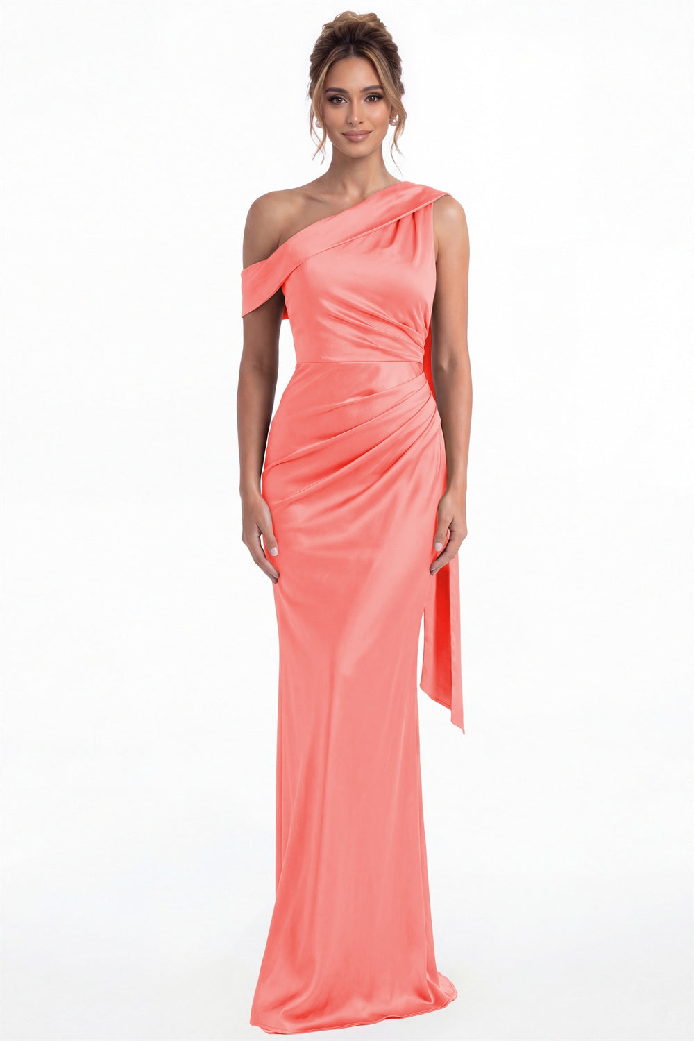 Coral One Shoulder Draped Ruched Satin Maxi Gown - Front View