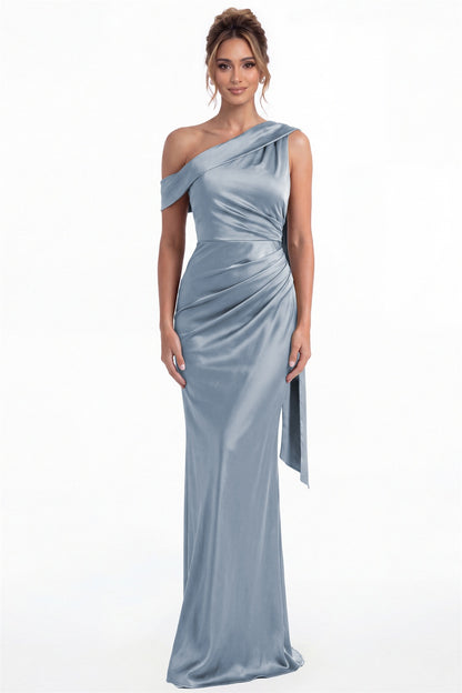 Dusty Blue One Shoulder Draped Ruched Satin Maxi Gown - Front View