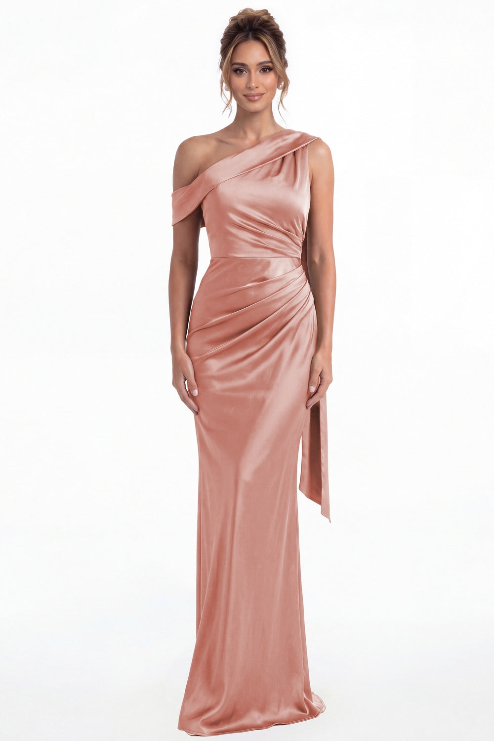 Dusty Rose One Shoulder Draped Ruched Satin Maxi Gown - Front View
