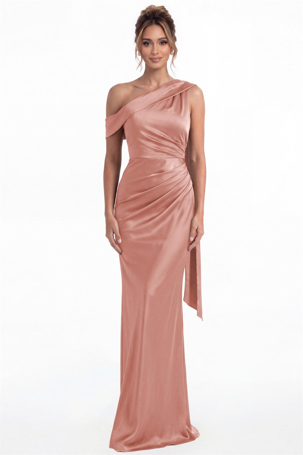 Dusty Rose One Shoulder Draped Ruched Satin Maxi Gown - Front View